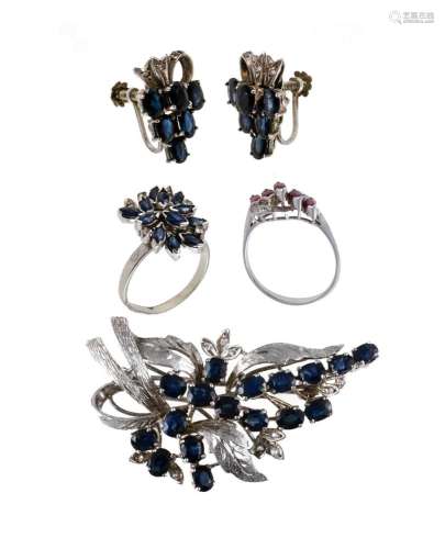 Silver Brooch, 2 Rings & Earrings Silver sapphire & ...