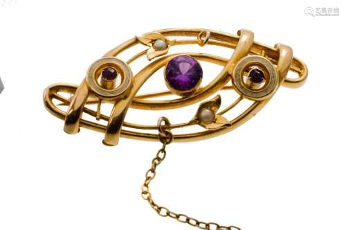 12ct Gold c.1900 Pearl, Purple Stone & Enamel Brooch Tur...