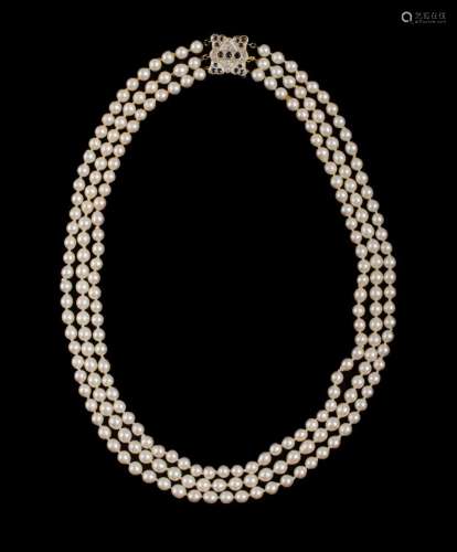 Triple Row Pearl Necklace with Gold, Diamond & Sapphire ...