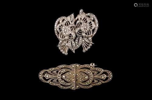 Two Silver & Marcasite Brooch/Dress Clips One stone miss...