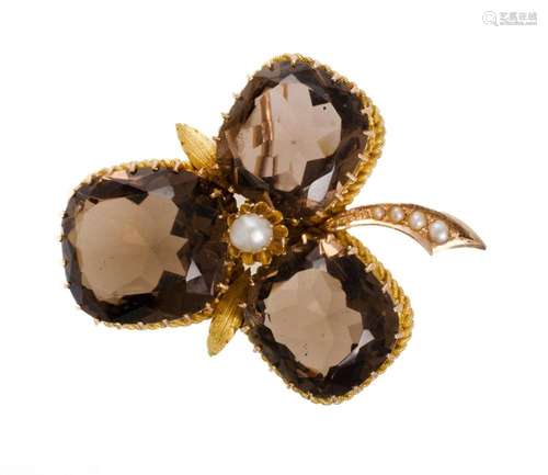 14ct Yellow Gold, Smoky Quartz & Pearl 3 Leaf Clover Bro...