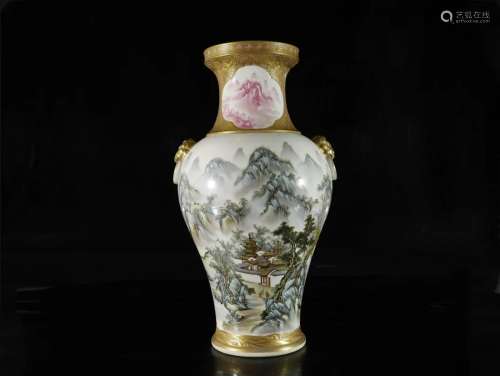 A famille-rose painted gold 'landscape' vase