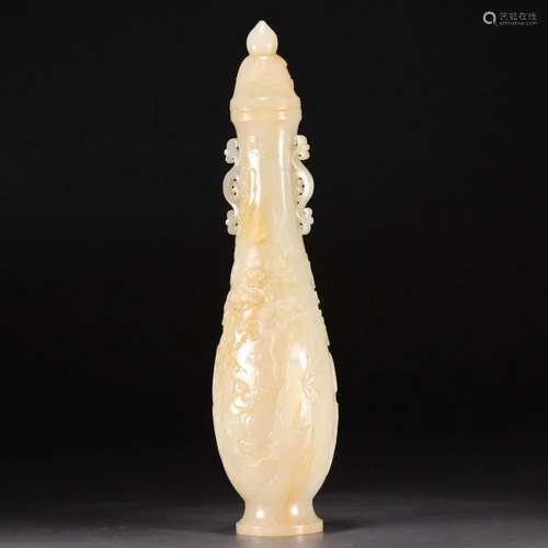 A Hetian Jade 'Pine& Crane' Longevity Vase