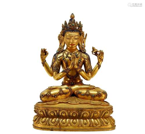 A precious Tibetan gilt bronze Guanyin statue