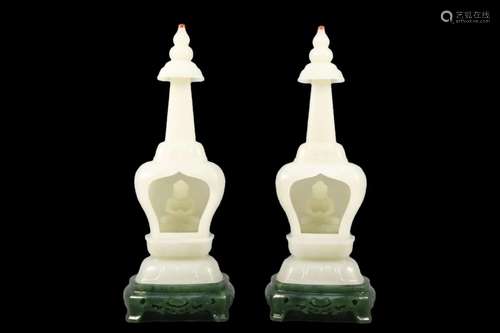 A Pair Of White Jade Stupas