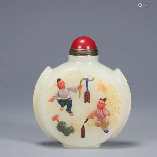 A Hetian Jade Gem-Inlaid Snuff Bottle