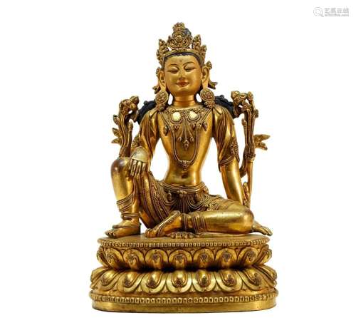 A gorgeous Tibetan gilt bronze Guanyin statue