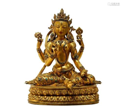 A superb Tibetan gilt bronze Guanyin statue