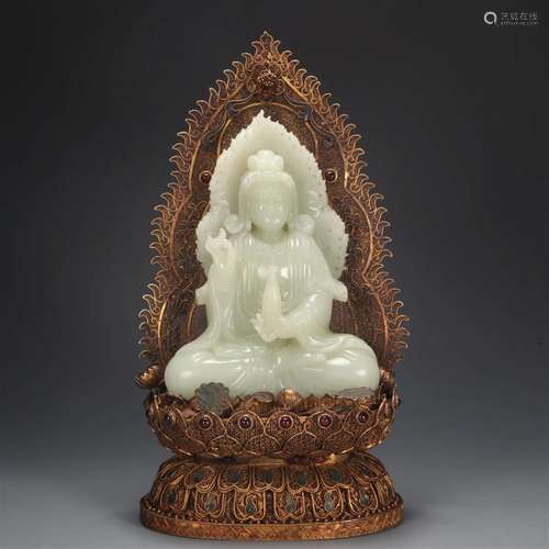 A Hetian Jade Gilt-Silver Figure Of Guanyin