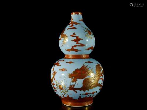 A Blue-Ground Iron-Red Painted Gold Double-Gourd Vase