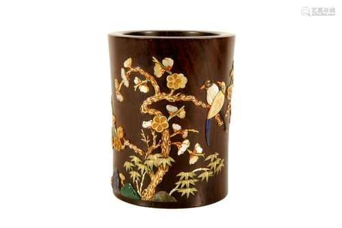 A Zitanwood Gem-Inlaid 'Flower And Bird' Brush Pot