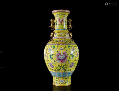 A yellow-glazed painted gold 'flower' vase