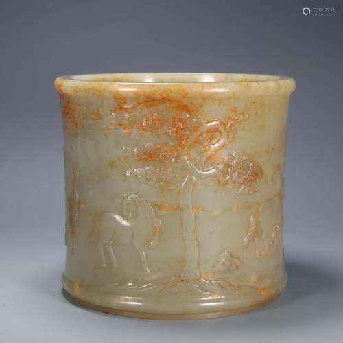 A Hetian Jade 'Eight Horses' Brush Pot