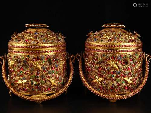 A Pair Of Gilt-Bronze Jars With Overhead Handles