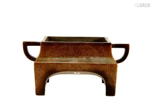 Bronze Square Beast Face Square Incense Burner with Double E...