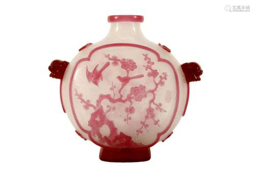 A Pink Overlay Glass 'Flower and Bird' Vase