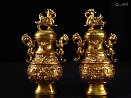 A Pair Of Gilt-Bronze Wine Vessels