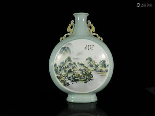 A Rare Celadon-Glazed Famille-rose Moonflask