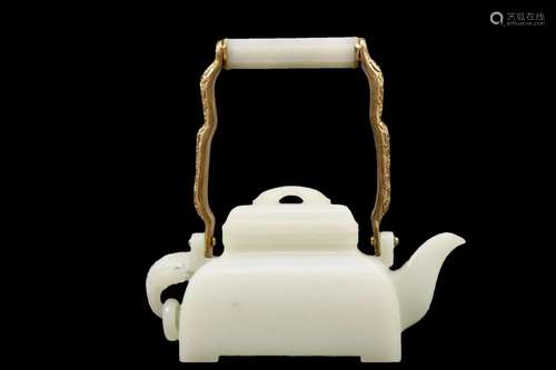 A White Jade Gold-Mounted Ewer With Overhead Handle