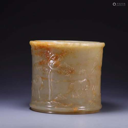 A Hetian Jade 'Eight Horses' Brush Pot