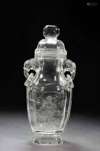 A Carved Crystal Elephant-Handled Vase