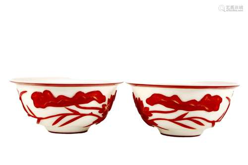 A Pair Of Red Overlay Glass 'Lotus' Bowls