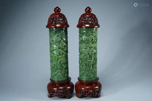 A Pair Of Cylindrical Hetian Jade Incense Holders