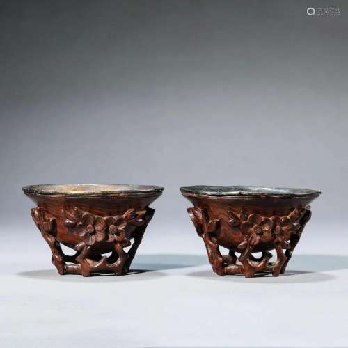 Pair of Huanghuali Plum Blossom Cups