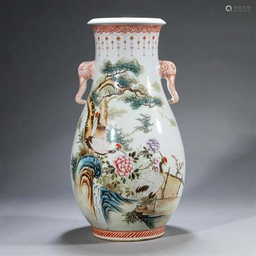 Famille Rose Crane and Pine Vase