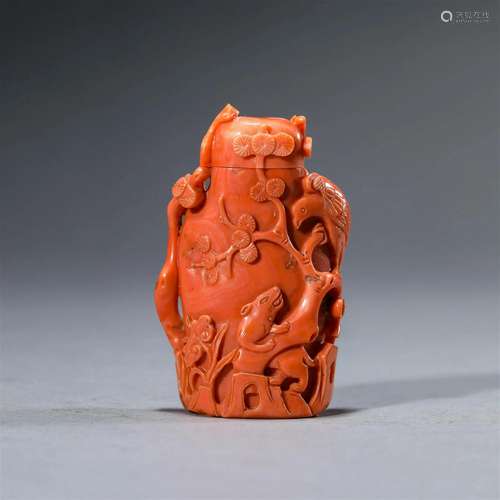 Carved Coral Flower and Bird Vase