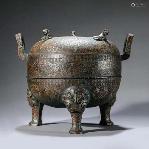 Gold and Silver Inlaying Bronze Tripod Ding Vessel