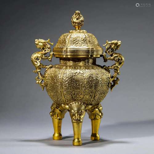 Gilt Bronze Tripod Lotus Censer and Cover