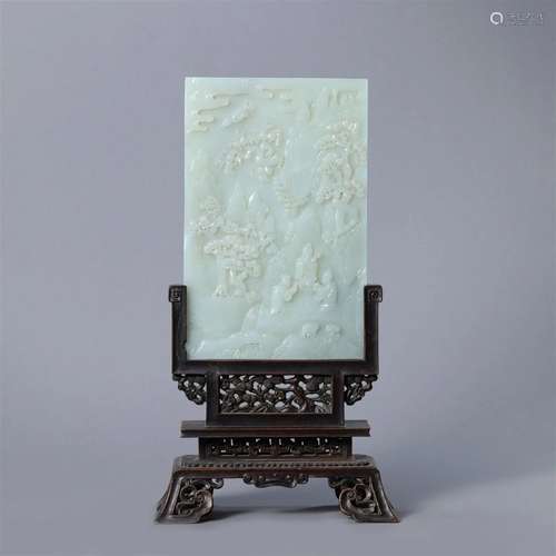 Carved White Jade Figure Table Screen