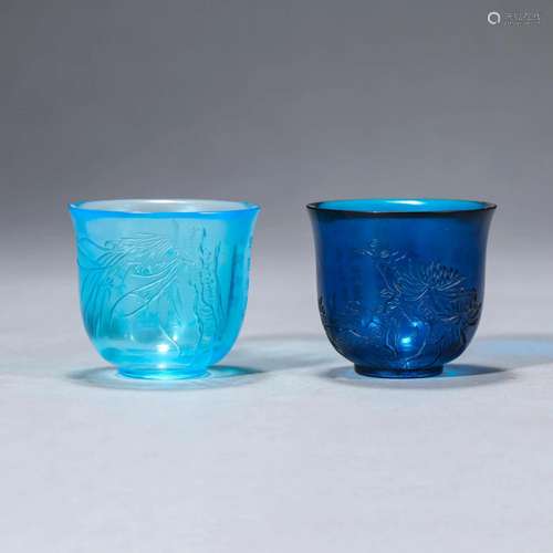 Two Peking Blue Glass Cups