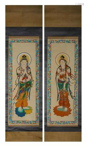 Two Chinese Buddha Painting Paper Scroll, Zhang Daqian Mark