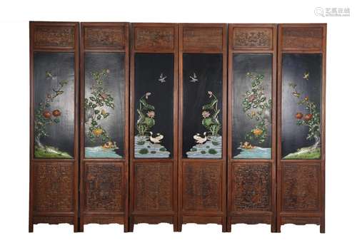 Cloisonne Enamel Inlaid Rosewood Screens