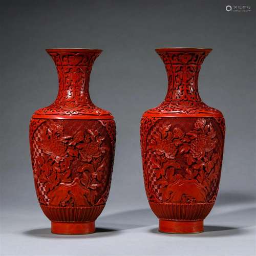 Pair of Carved Lacquerware Flower Vases