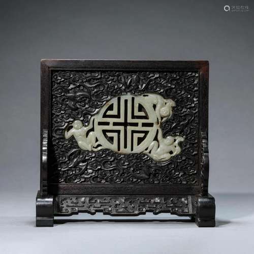 Jade Inlaid Sandalwood Table Screen