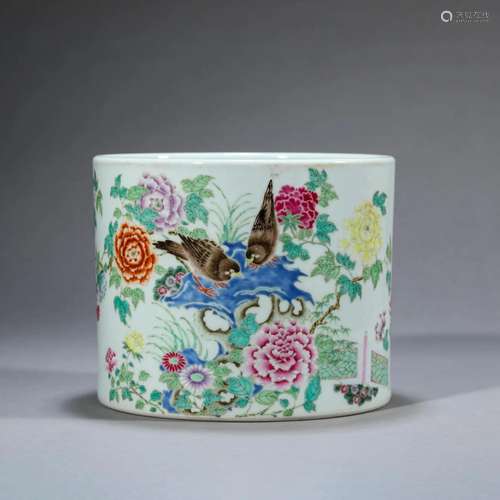 Famille Rose Flower and Bird Brush Pot