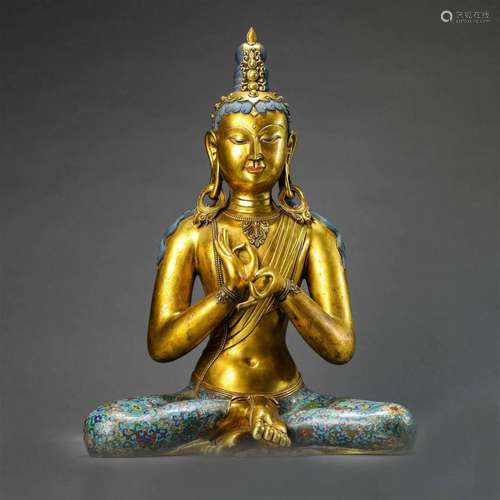 Gilt Bronze Figure of Guanyin with Cloisonne Enamel