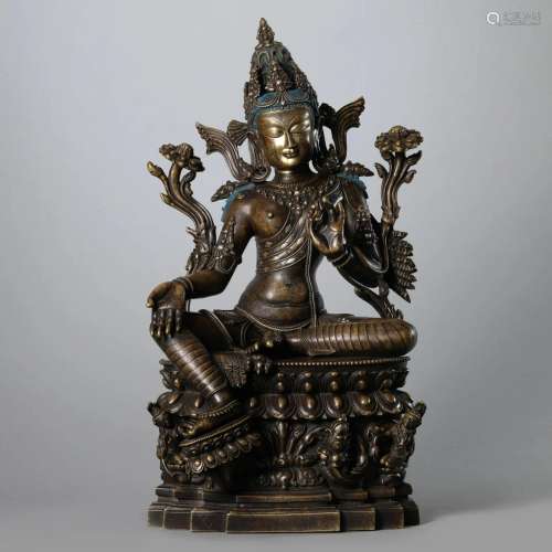 Silver Inlaying Copper Alloy Figure of Green Tara