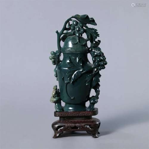 Carved Greenish Jade Grape and Squirrel Vase and Cover