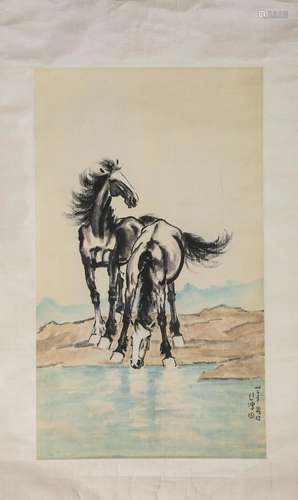 Chinese Horse Painting Paper Scroll, Xu Beihong Mark