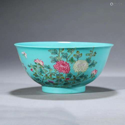 Turquoise-Ground Famille Rose Inscribed Bowl