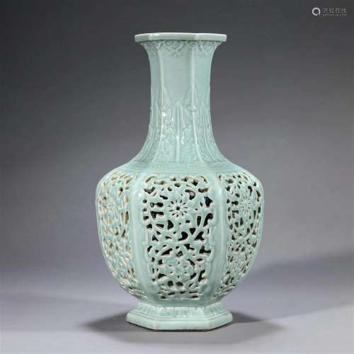 Moulded Celadon Glaze Openwork Hexagonal Vase