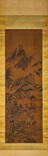 Chinese Landscape Painting Silk Scroll, Wang Yuanqi Mark