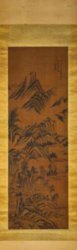 Chinese Landscape Painting Silk Scroll, Wang Yuanqi Mark