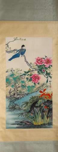 Chinese Flower and Bird Painting Paper Scroll, Tian Shiguang...