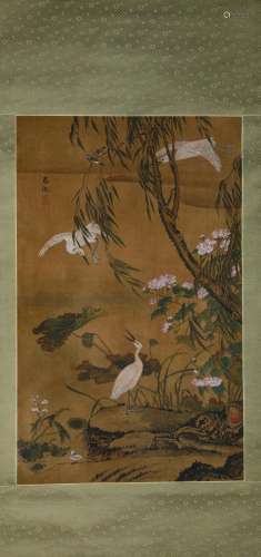 Chinese Flower and Bird Painting Paper Scroll, Lv Ji Mark