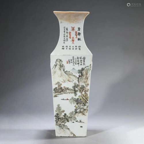 Qianjiangcai Glaze Landscape and Figure Square Vase